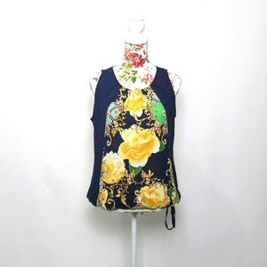 Navy Blue & Green Top with Yellow Flowers. Size M